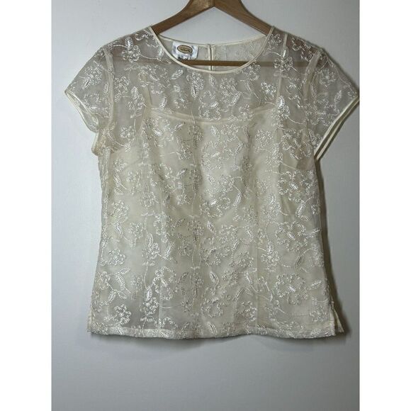 Talbots Blouse Womens 10 Cream Ivory Embroidered Pure Silk Sheer Overlay Cami - Picture 1 of 5